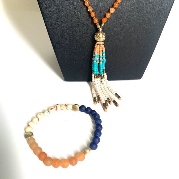 Boho Tassel Beaded Necklace & Stretch Bracelet Set Blue Coral Cream 36"L - Picture 2 of 6